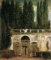 Villa Medici, zwei Männer bei der Fassade der Grottenloggia