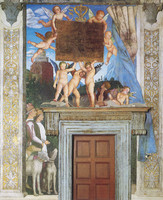Putti soutenant la dédicace, mur ouest, dit La Rencontre (détail central), Camera Picta