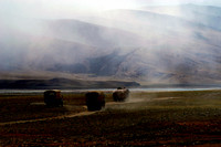 Trucks on foggy road of the Tibetan Plateau