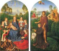 Diptychon des Jan du Cellier, Bürger von Brügge (linker Flügel: Madonna und Kind in einem geschlossenen Garten, umringt von Heiligen; rechter Flügel: Hl. Johannes der Täufer und der Betende du Cellier)