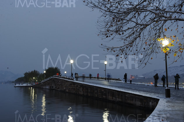 Lingering snows on Broken Bridge at West Lake in Hangzhou China