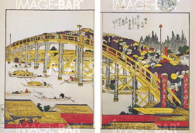 Panoramic View of the Sumida Banks with the Shin Yanagibashi and Ryogokubashi Bridges, from the Illustrated Book of the Two Banks of the Sumida in One View (Ehon Sumidagawa ryogan ichiran)
