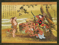 Der Held Tametomo umgeben von Dämonen auf der Insel Onigashima (Insel der Dämonen)