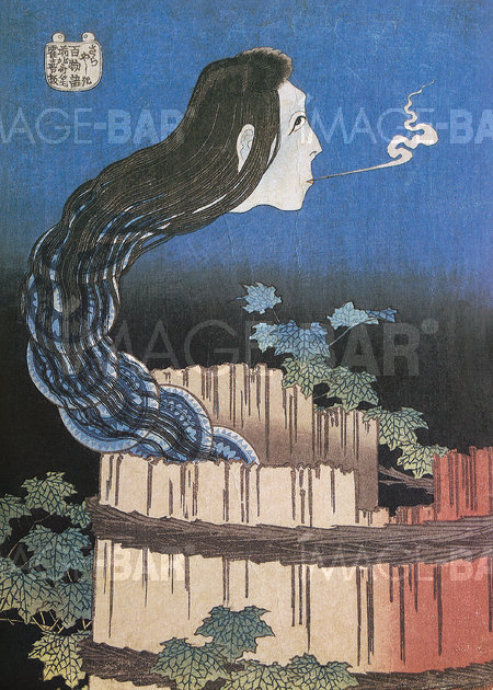 The Spirit of the Servant Okiku Emerging from a Well (in which she was Thrown after Having Broken a Plate) and Bringing with her a Series of Plates that she Tirelessly Counts (Sara Yashiki), from the series One Hundred Ghost Stories (Hyaku monogatari)