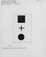 Die Kontrastierung suprematistischer Elemente (Quadrat, Kreuz, Kreis in vertikaler Komposition), Motiv: 1915