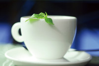 A White Coffee Cup with a Mint Leaf